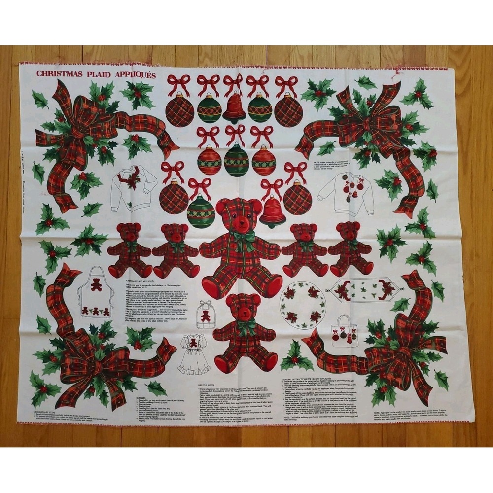 VIP Cranston Bears Bows Christmas Plaid Ornaments Appliques Fabric Panel Vintage